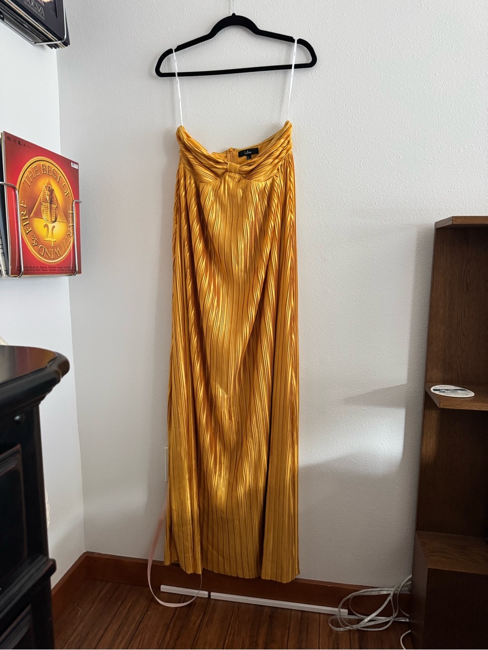 Whimsical Beauty Golden Yellow Satin Plisse Strapless Maxi Dress (NWT)